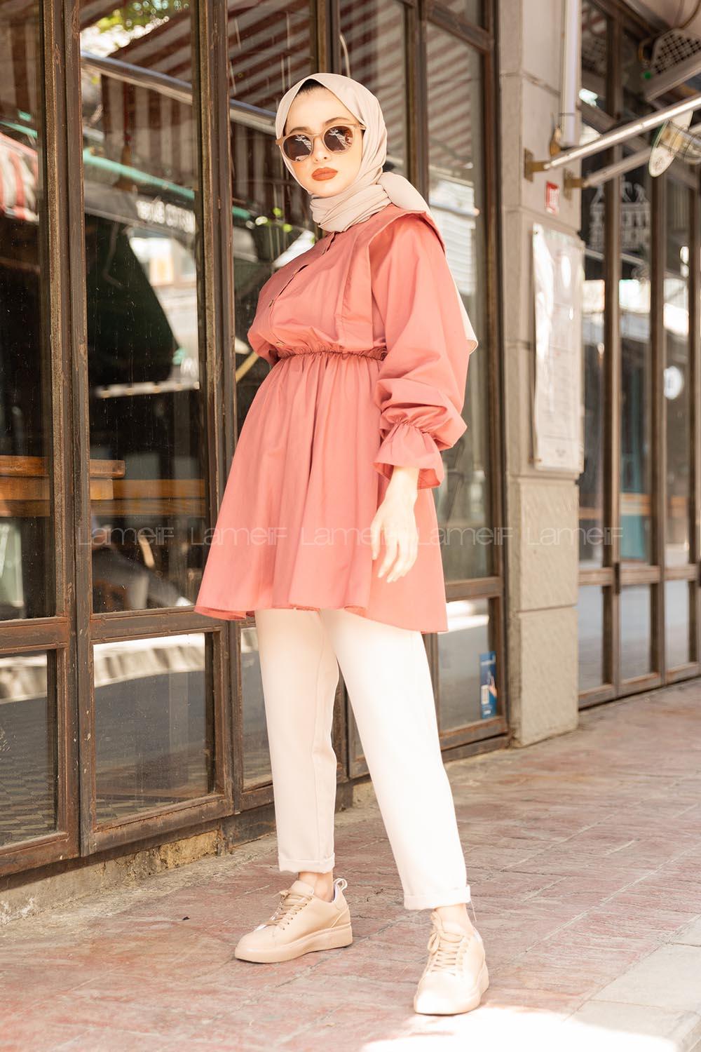 Modalamelif Hakim Yaka Bel Lastikli Tunik Gül