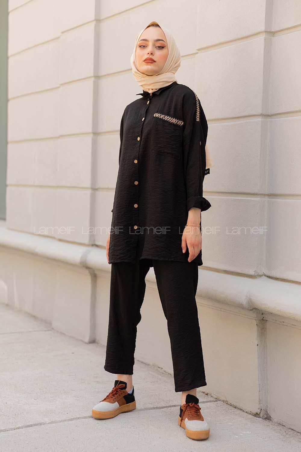 Modalamelif Hasır Şeritli İkili Takım Siyah