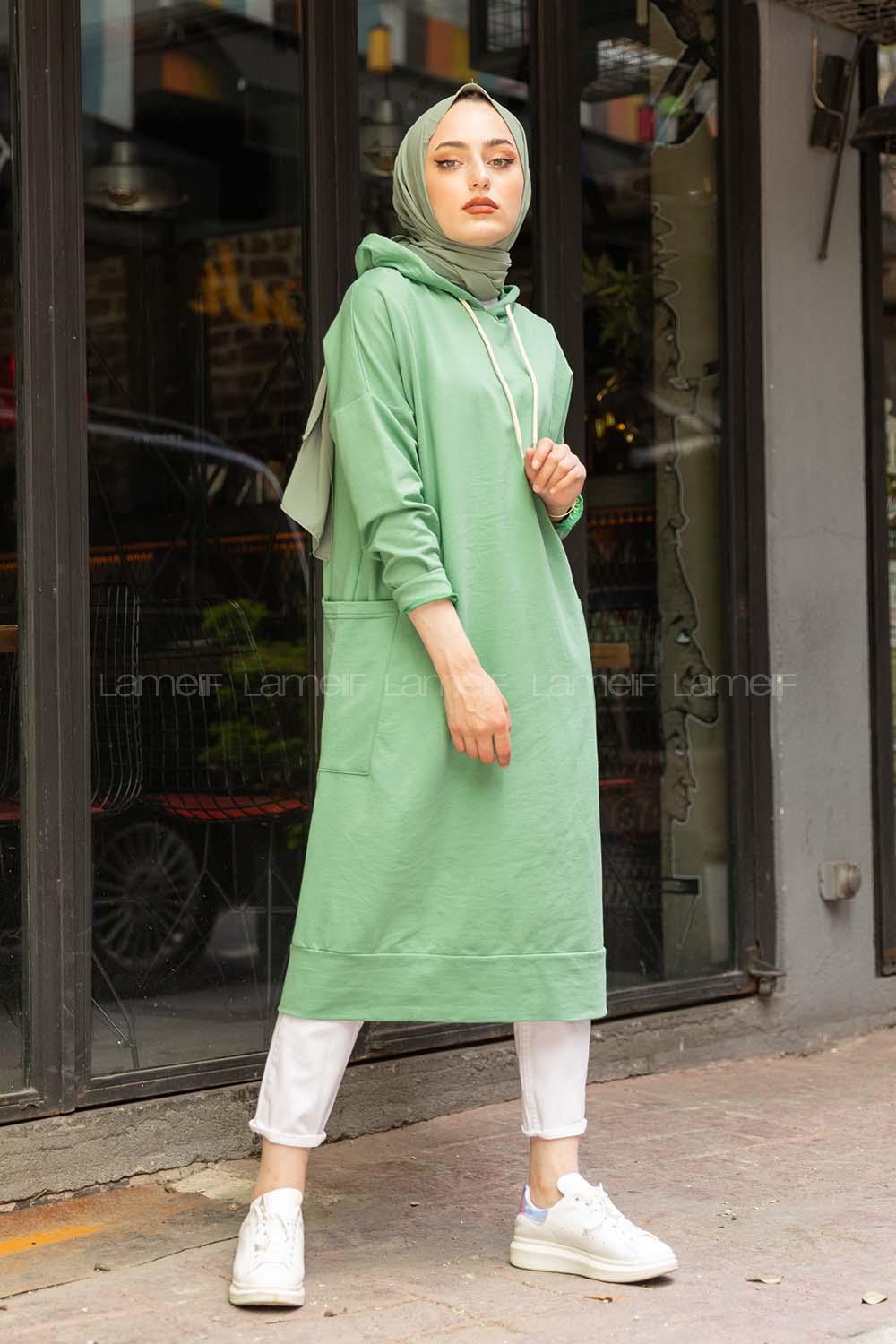 Modalamelif Kapşonlu Uzun Cep Detaylı Sweatshirt Çağla