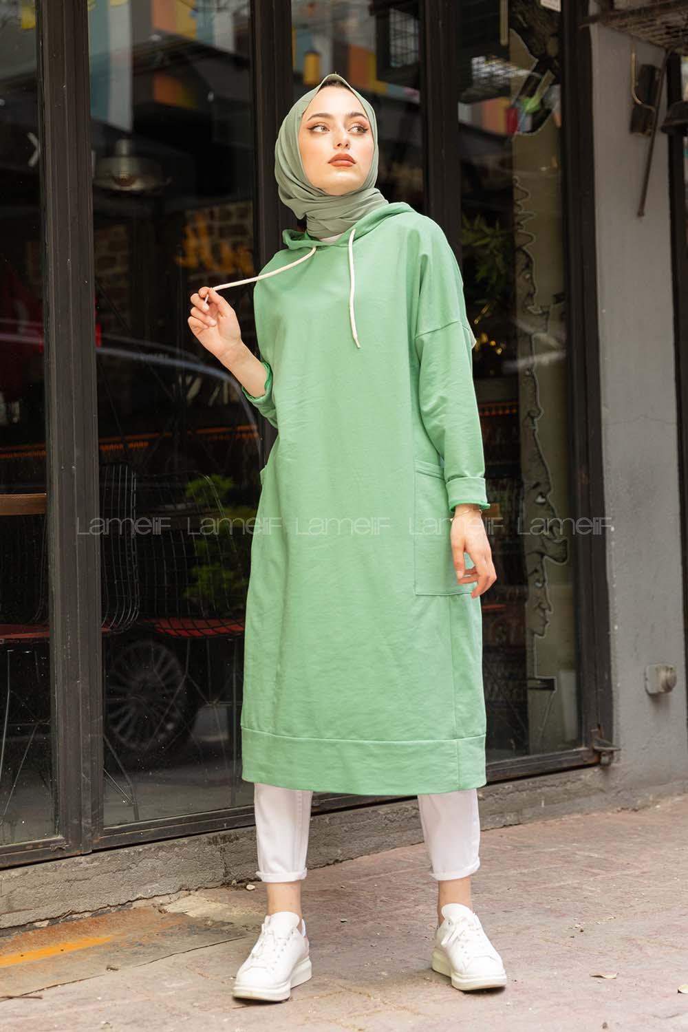 Modalamelif Kapşonlu Uzun Cep Detaylı Sweatshirt Çağla