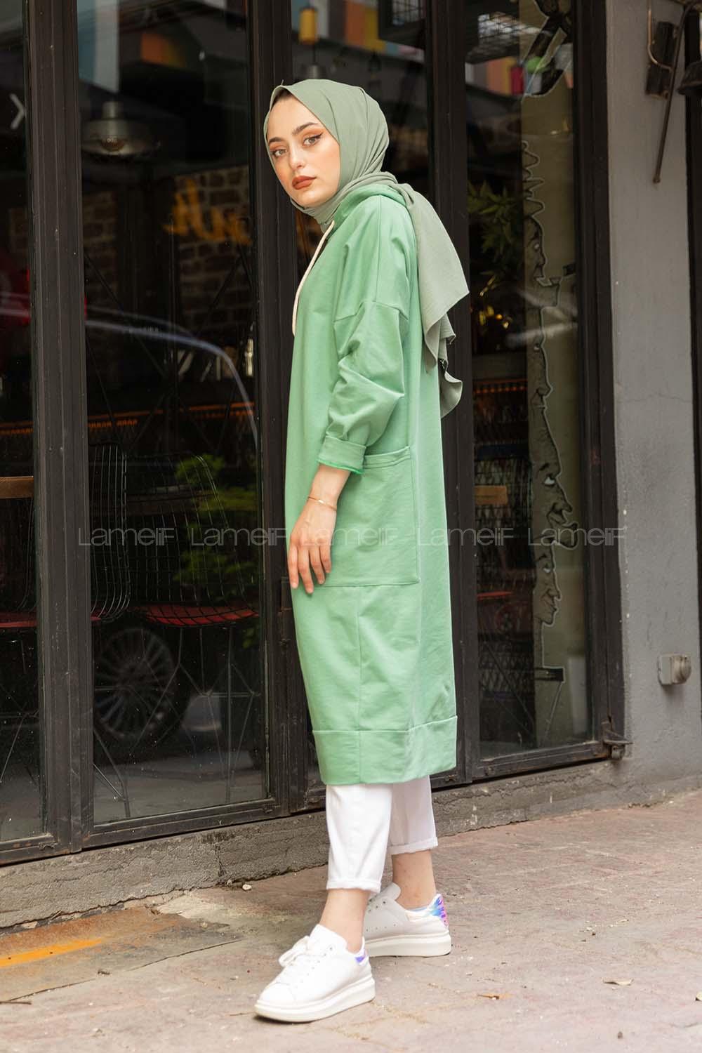 Modalamelif Kapşonlu Uzun Cep Detaylı Sweatshirt Çağla