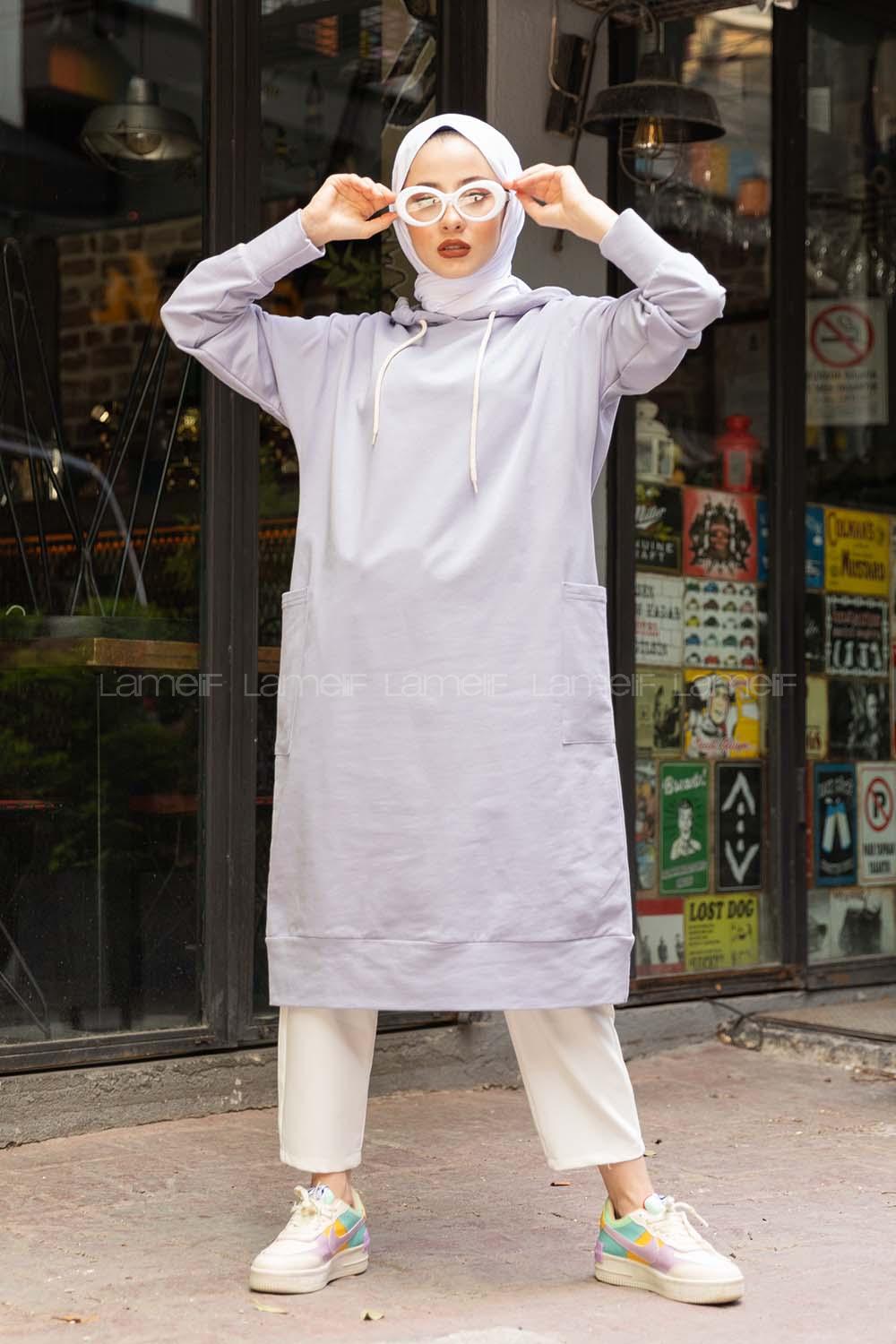 Modalamelif Kapşonlu Uzun Cep Detaylı Sweatshirt Lila