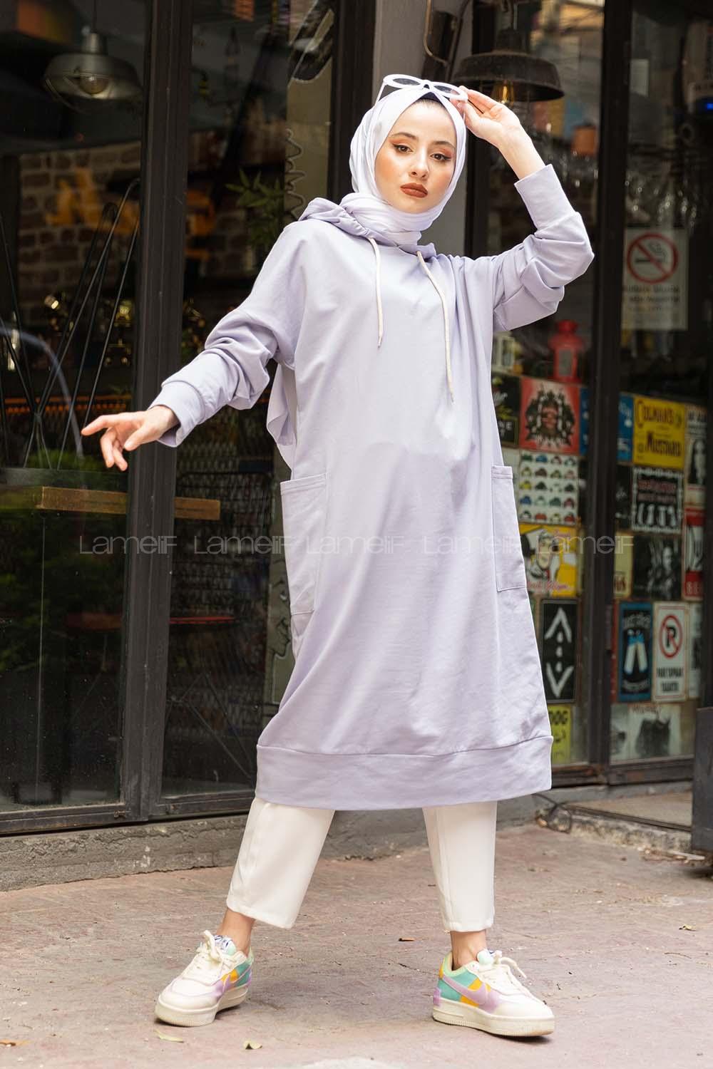 Modalamelif Kapşonlu Uzun Cep Detaylı Sweatshirt Lila