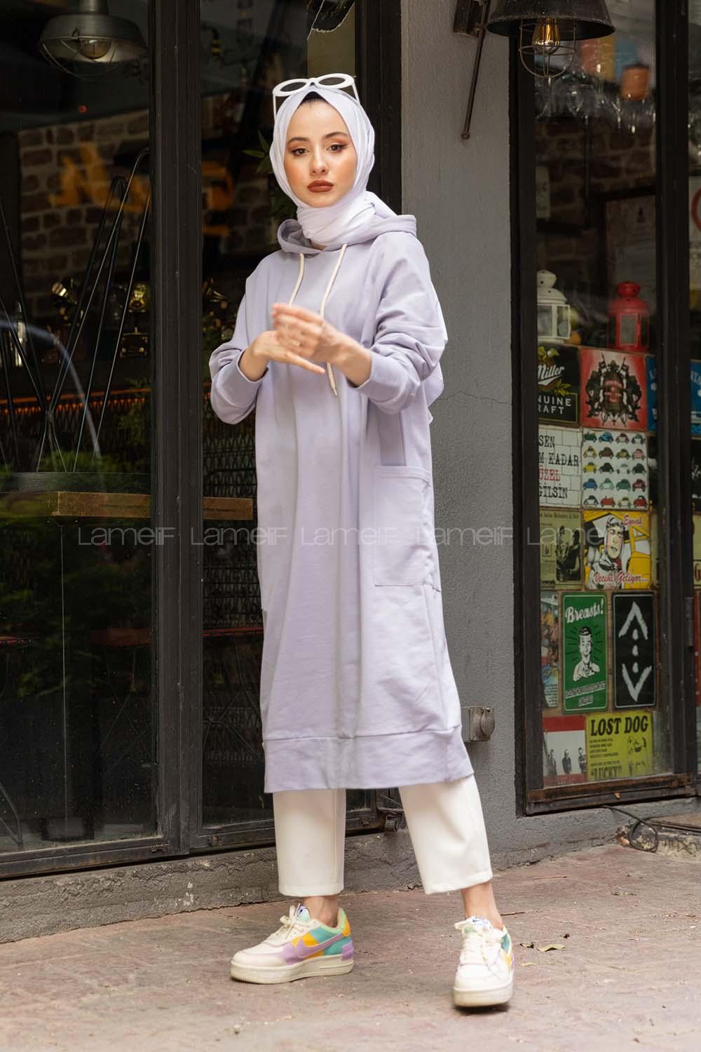 Modalamelif Kapşonlu Uzun Cep Detaylı Sweatshirt Lila