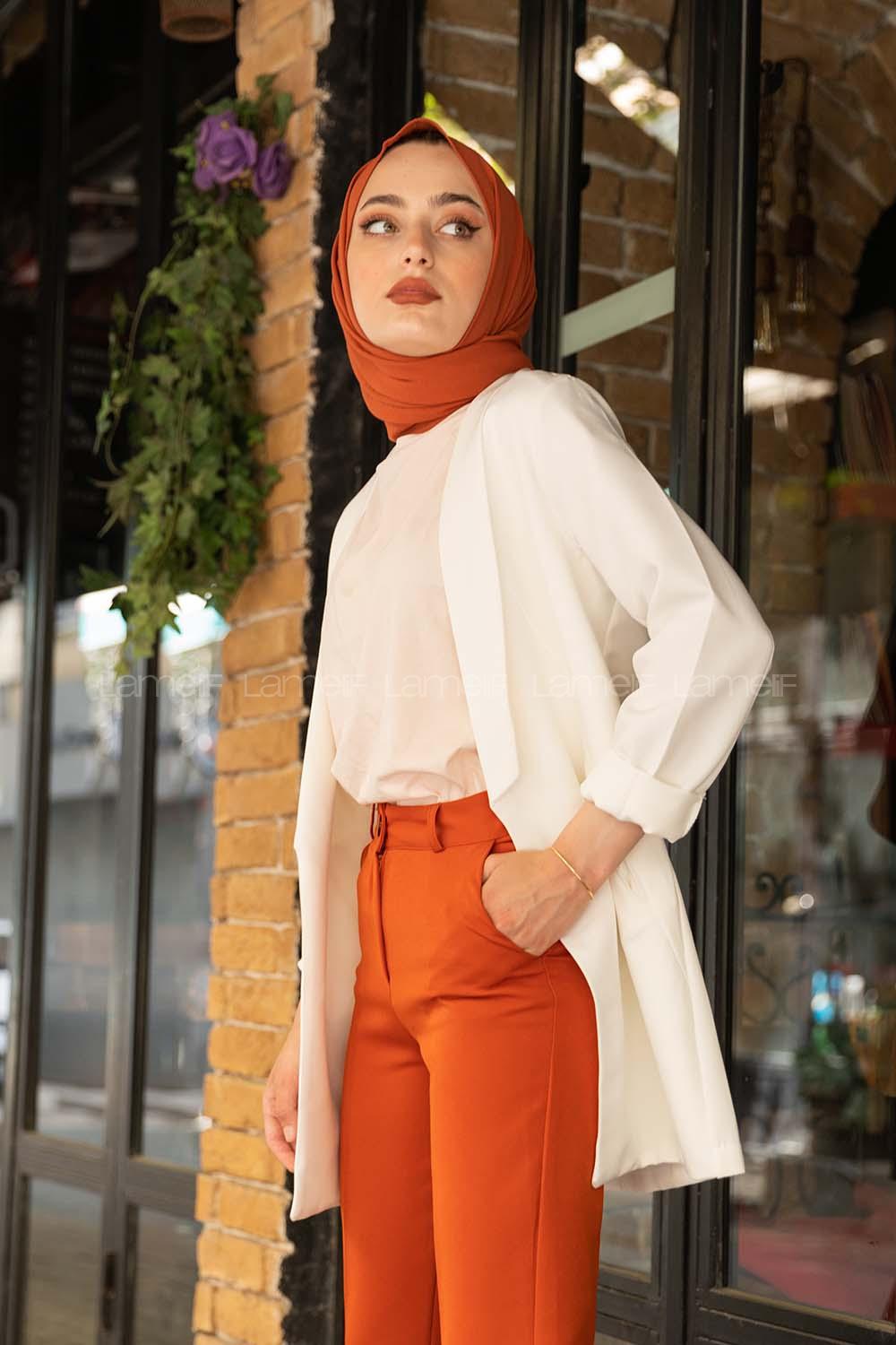 Modalamelif Kol Katlı Cepli Ceket Beyaz