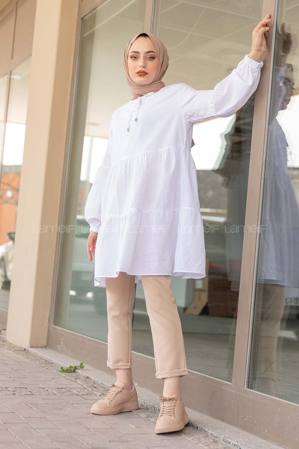 Modalamelif Yaka Bağlamalı Tunik Beyaz