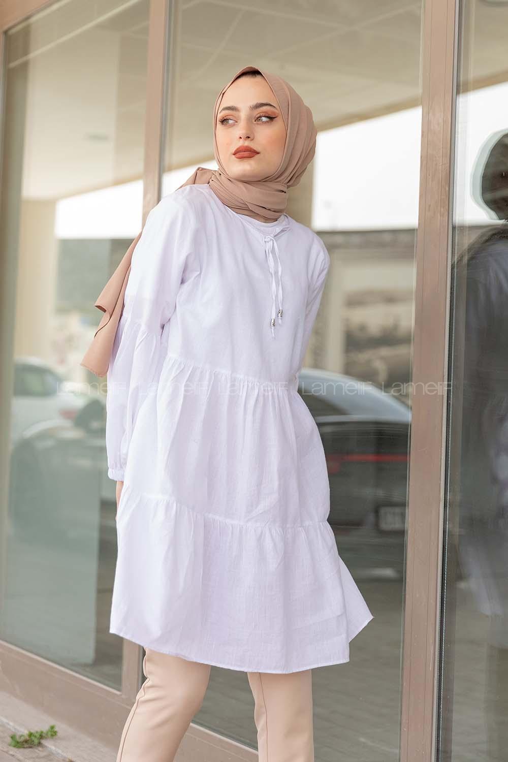 Modalamelif Yaka Bağlamalı Tunik Beyaz