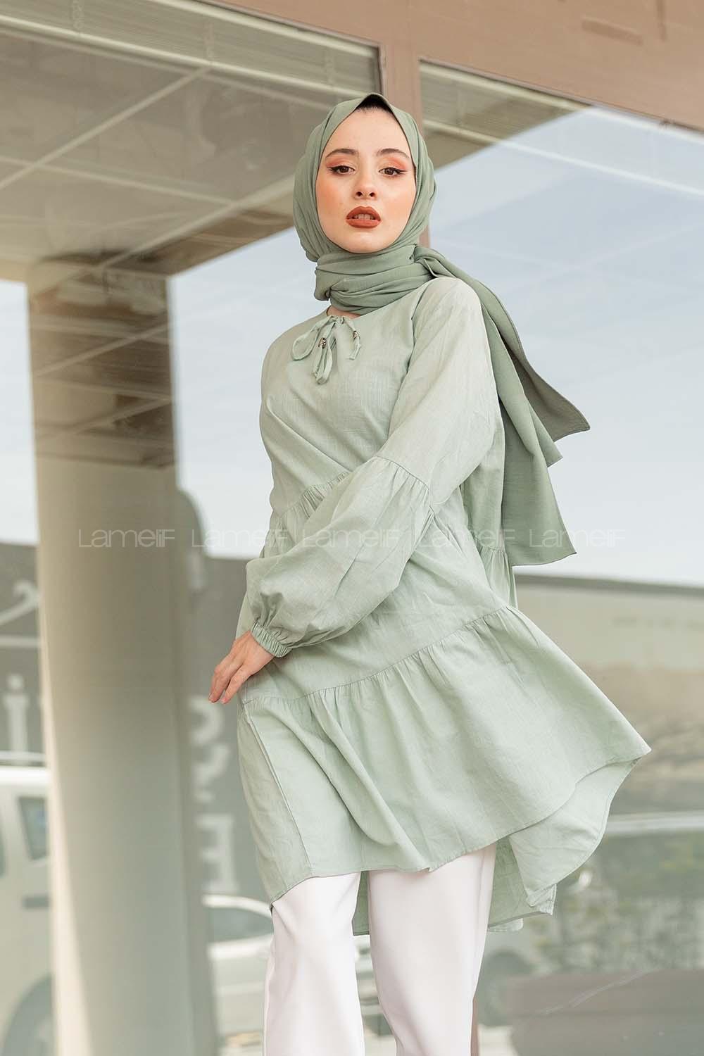 Modalamelif Yaka Bağlamalı Tunik Çağla Yeşili
