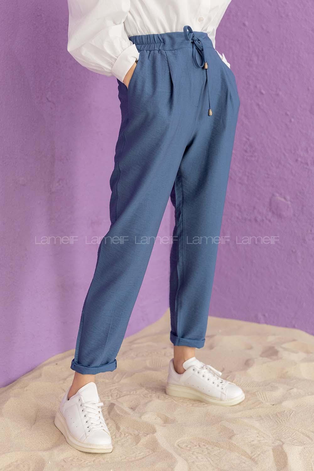 Modalamelif Bel Bağlamalı Duble Pantolon Mavi