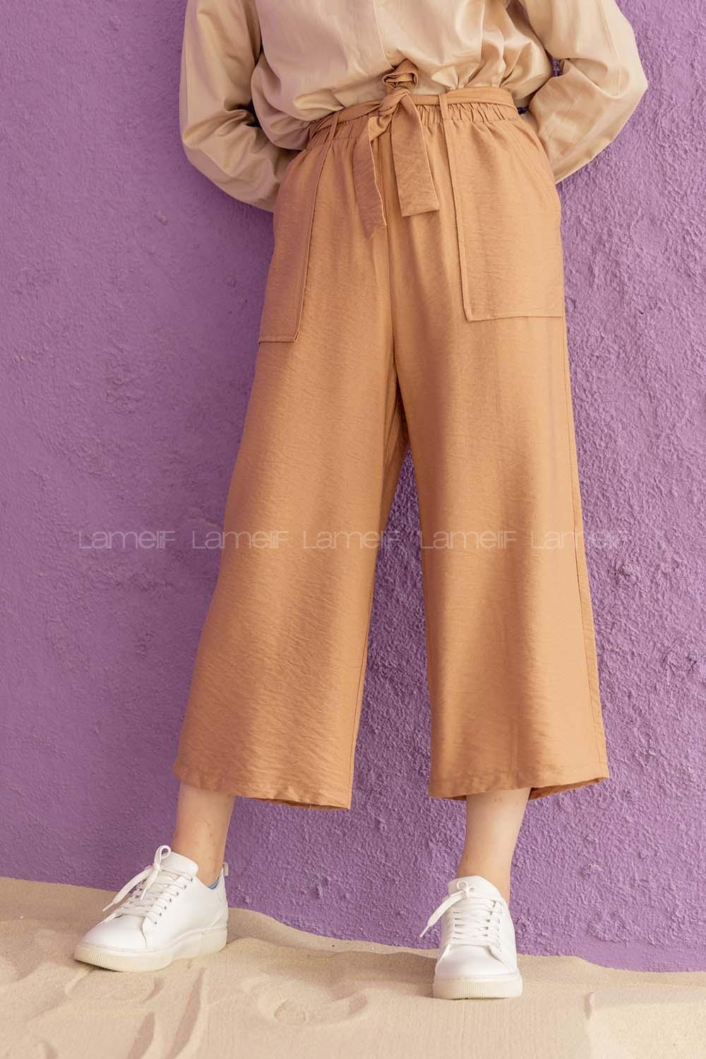 Modalamelif Bel Lastikli Kuşaklı Pantolon Camel