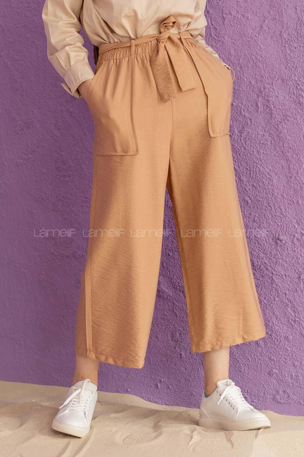 Modalamelif Bel Lastikli Kuşaklı Pantolon Camel