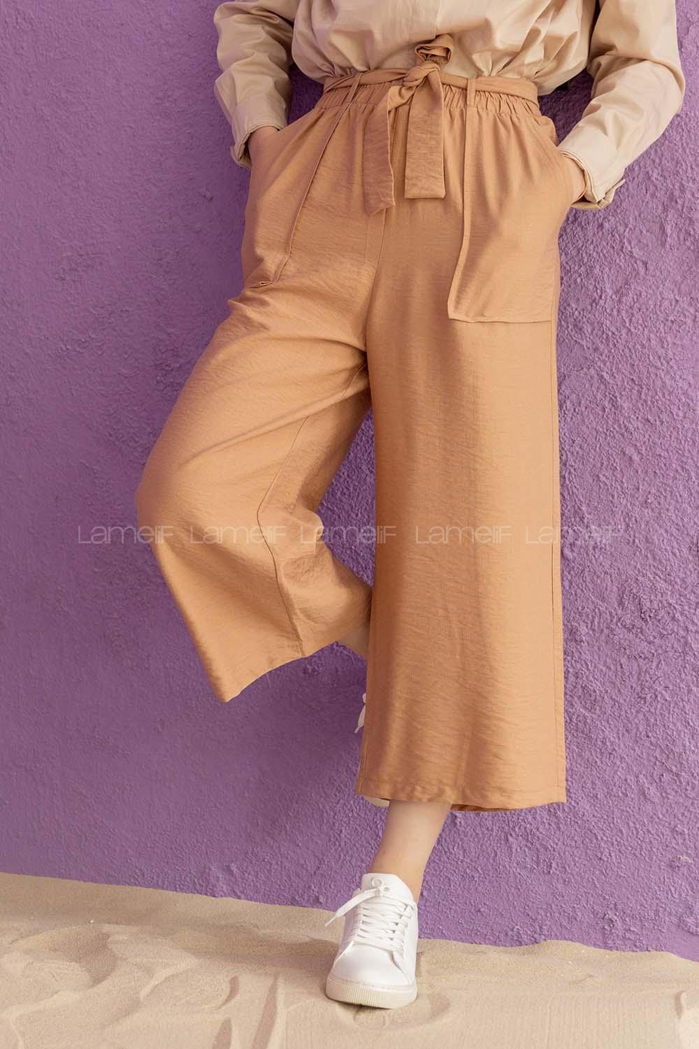 Modalamelif Bel Lastikli Kuşaklı Pantolon Camel