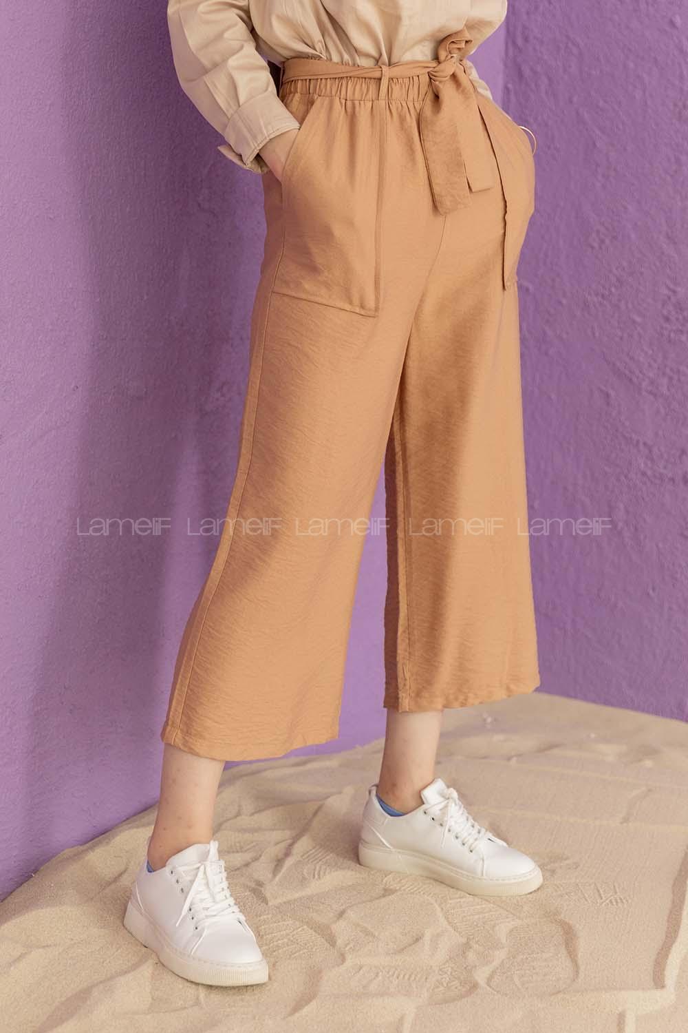 Modalamelif Bel Lastikli Kuşaklı Pantolon Camel