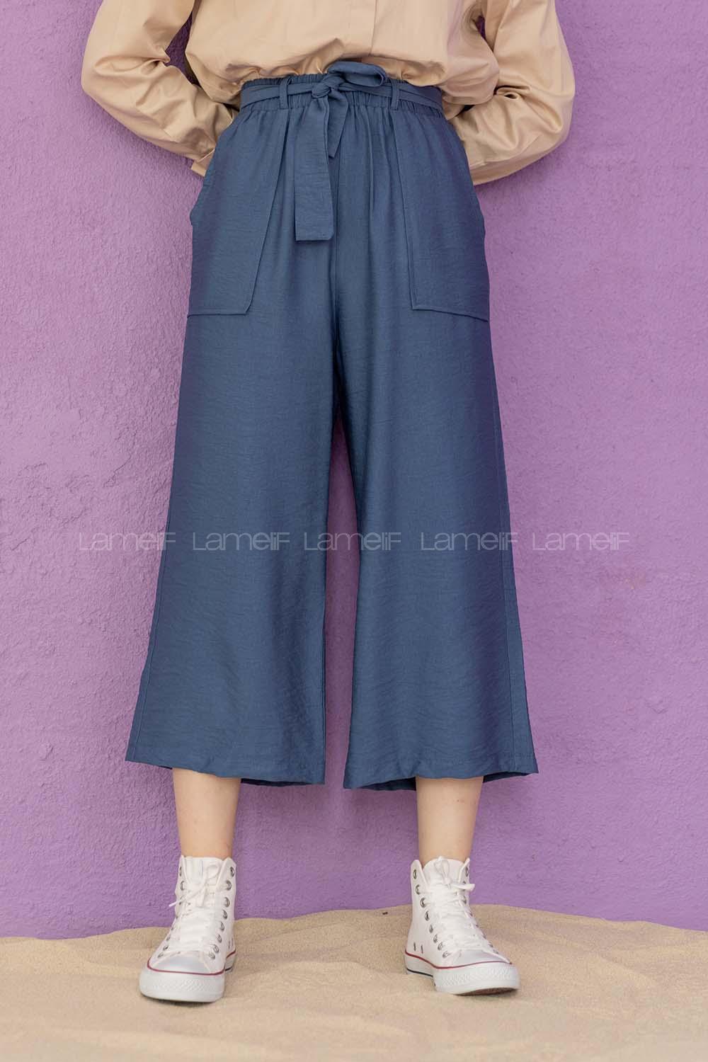 Modalamelif Bel Lastikli Kuşaklı Pantolon İndigo