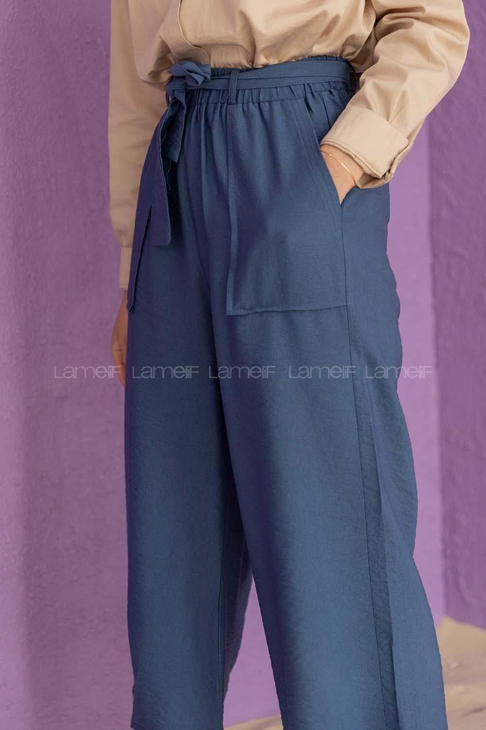 Modalamelif Bel Lastikli Kuşaklı Pantolon İndigo