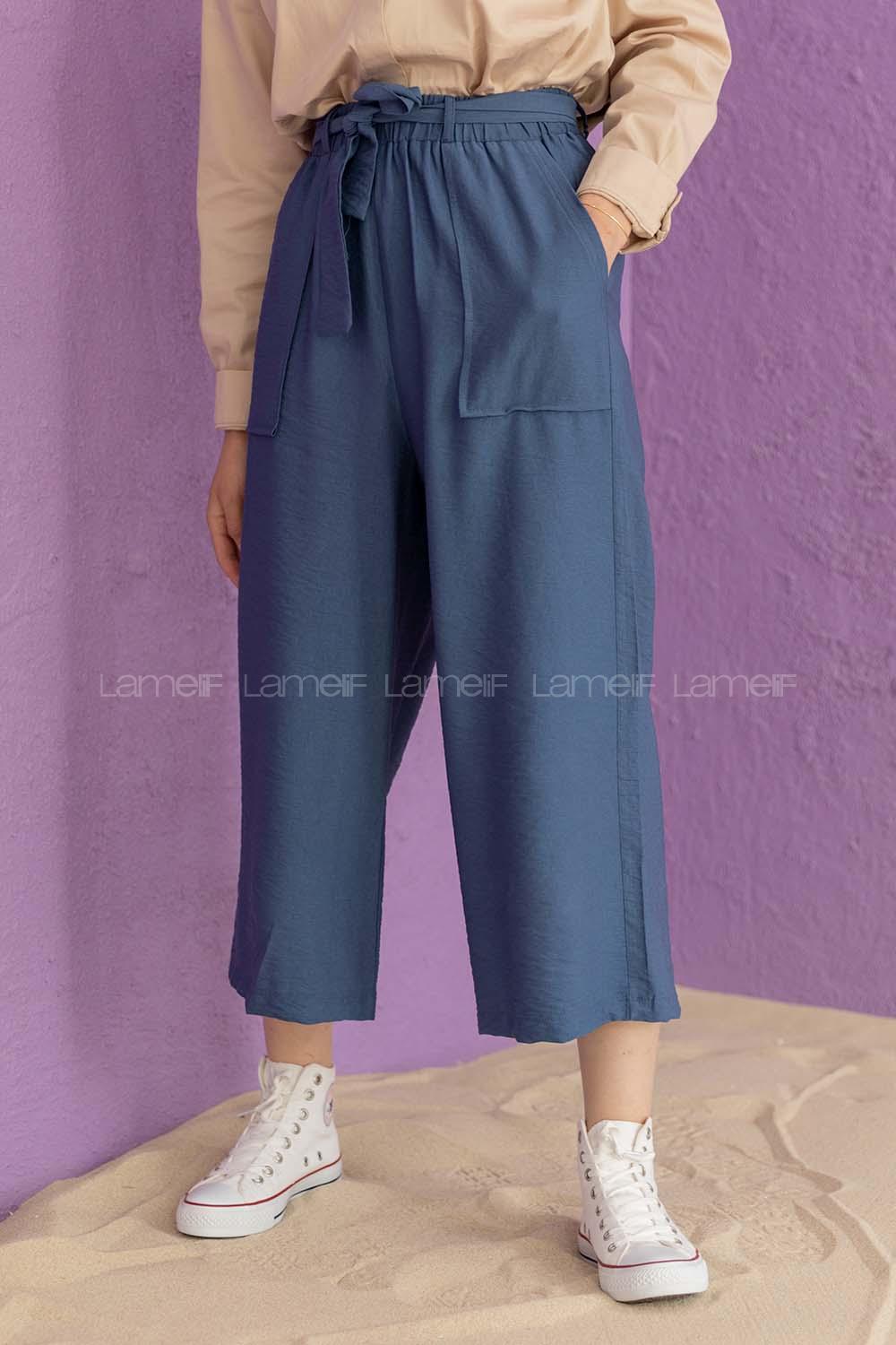 Modalamelif Bel Lastikli Kuşaklı Pantolon İndigo