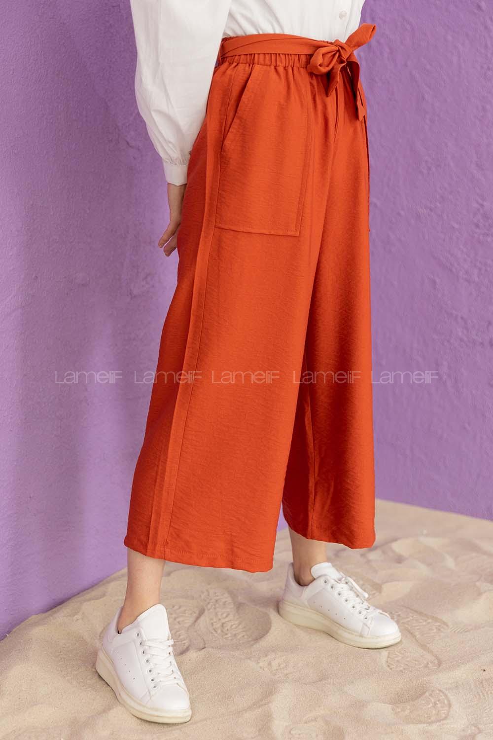 Modalamelif Bel Lastikli Kuşaklı Pantolon Kiremit