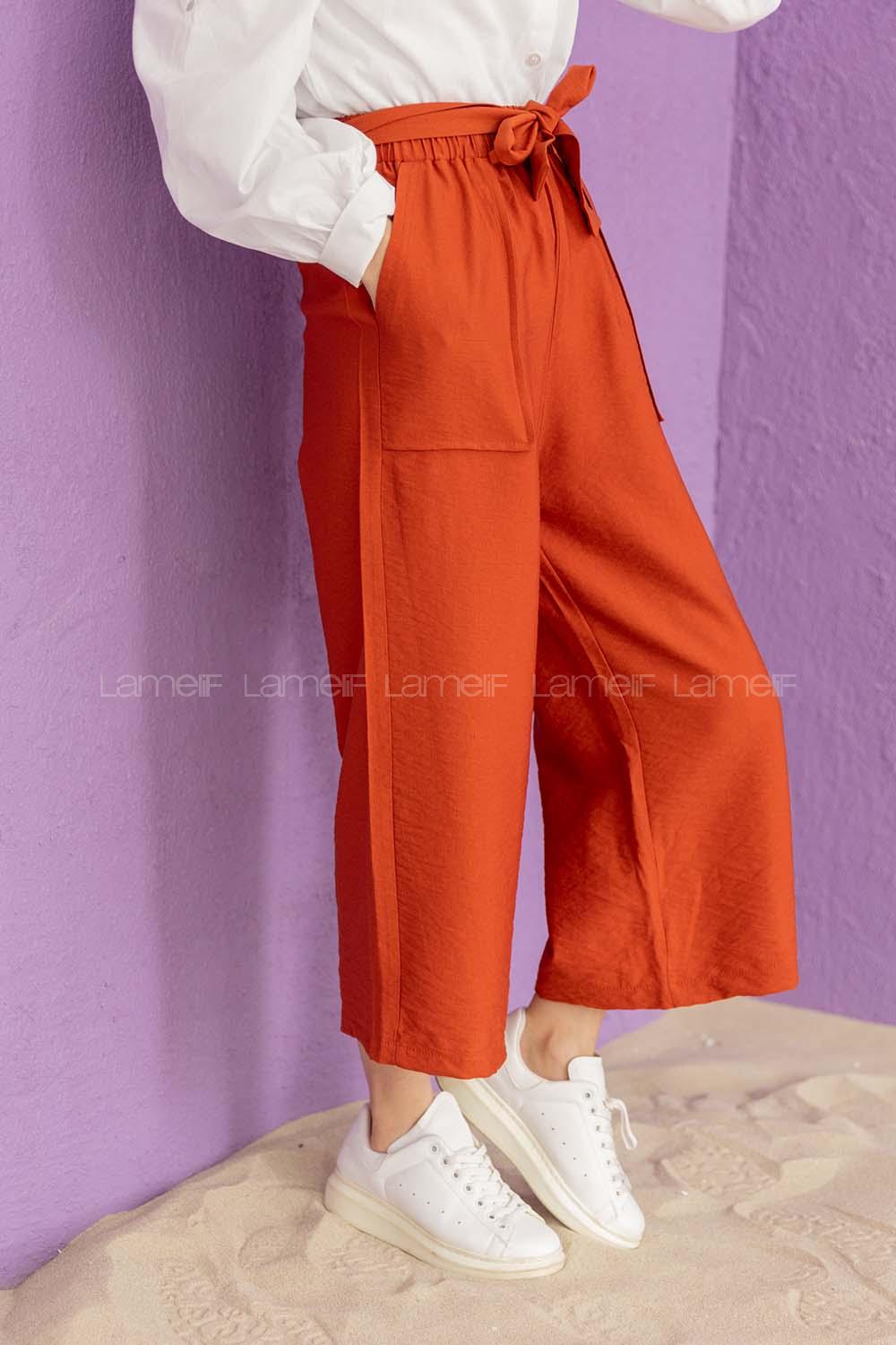 Modalamelif Bel Lastikli Kuşaklı Pantolon Kiremit