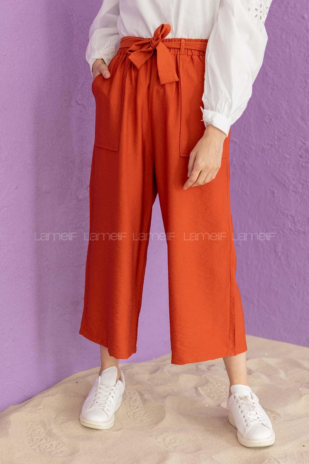 Modalamelif Bel Lastikli Kuşaklı Pantolon Kiremit