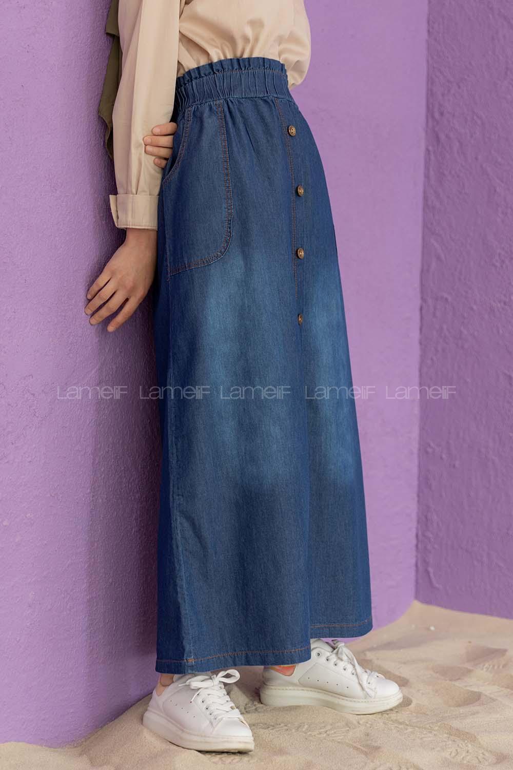 Modalamelif Beli Lastikli Kot Etek Mavi