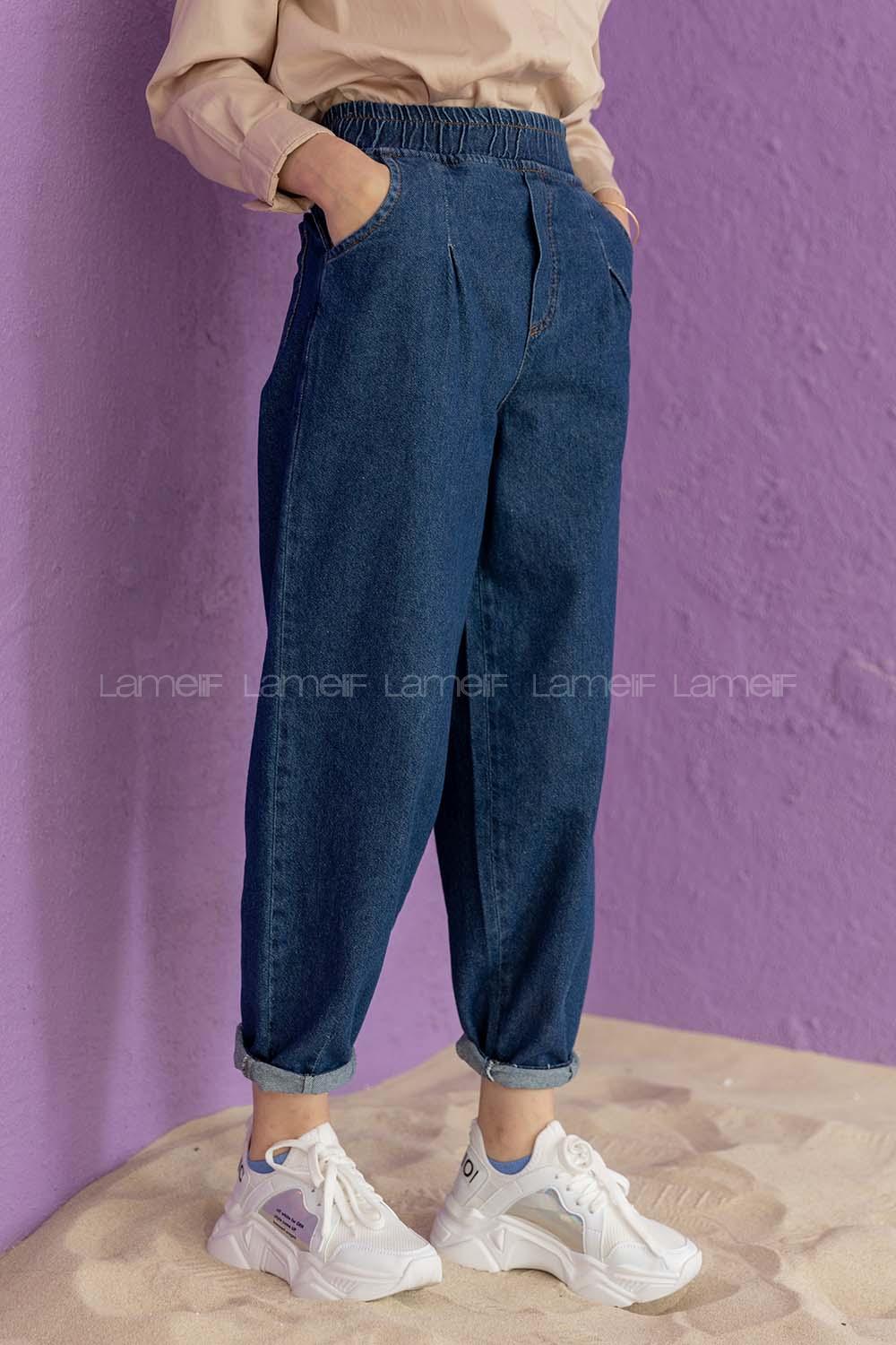 Modalamelif Beli Lastikli Pensli Paça Kot Pantolon Mavi