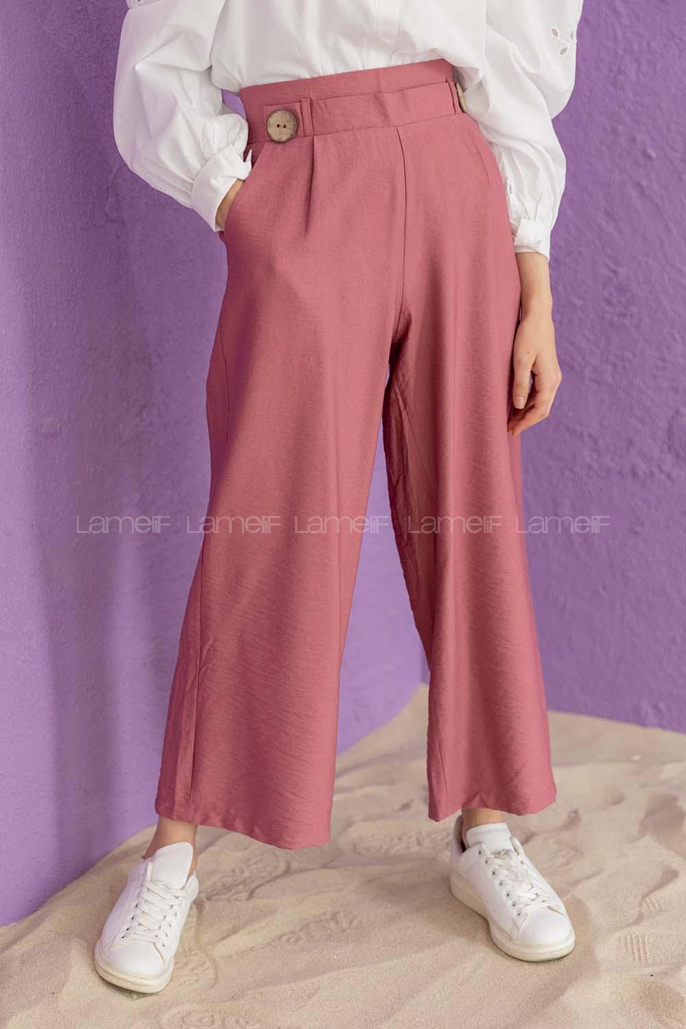 Modalamelif Çift Düğmeli Bilek Boy Pantolon Gül