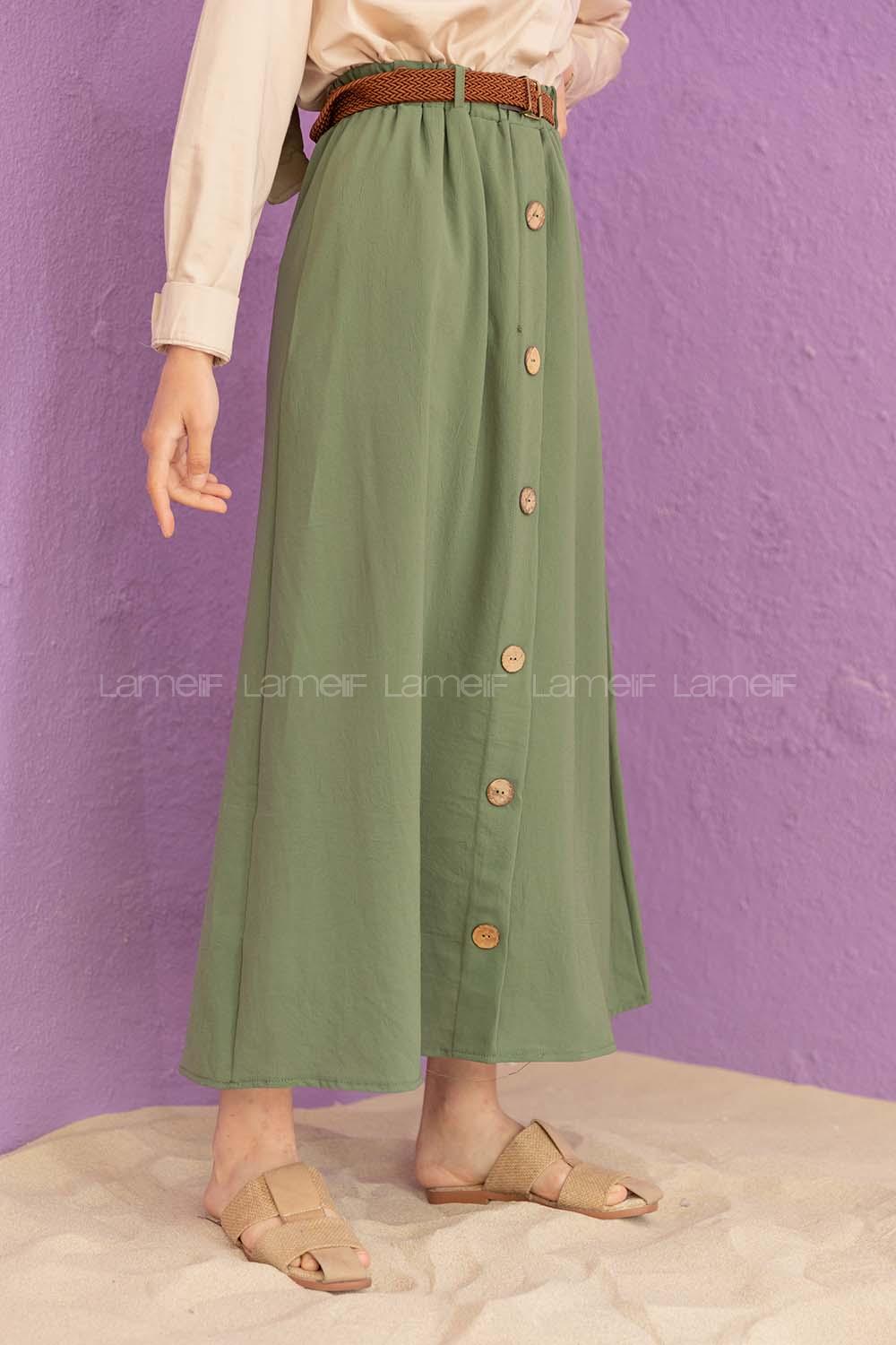 Modalamelif Hasır Kemerli Düğmeli Etek Çağla Yeşili