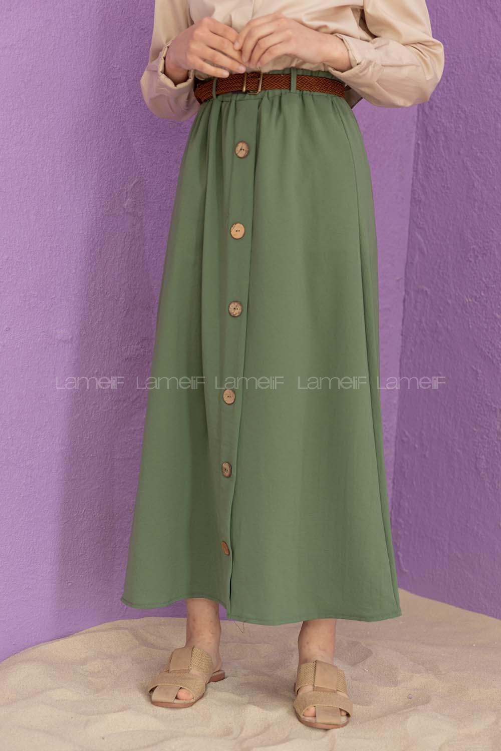 Modalamelif Hasır Kemerli Düğmeli Etek Çağla Yeşili