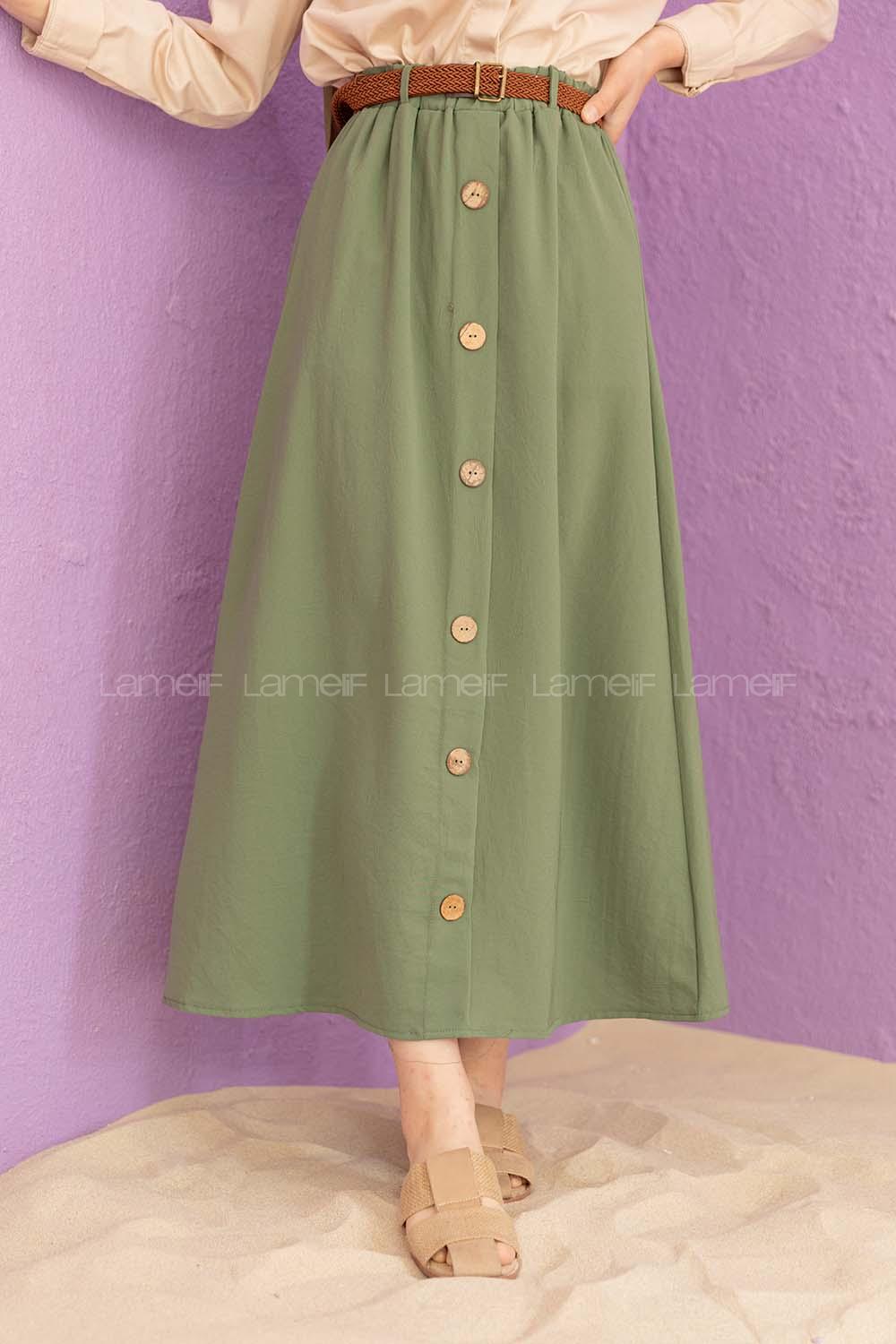 Modalamelif Hasır Kemerli Düğmeli Etek Çağla Yeşili