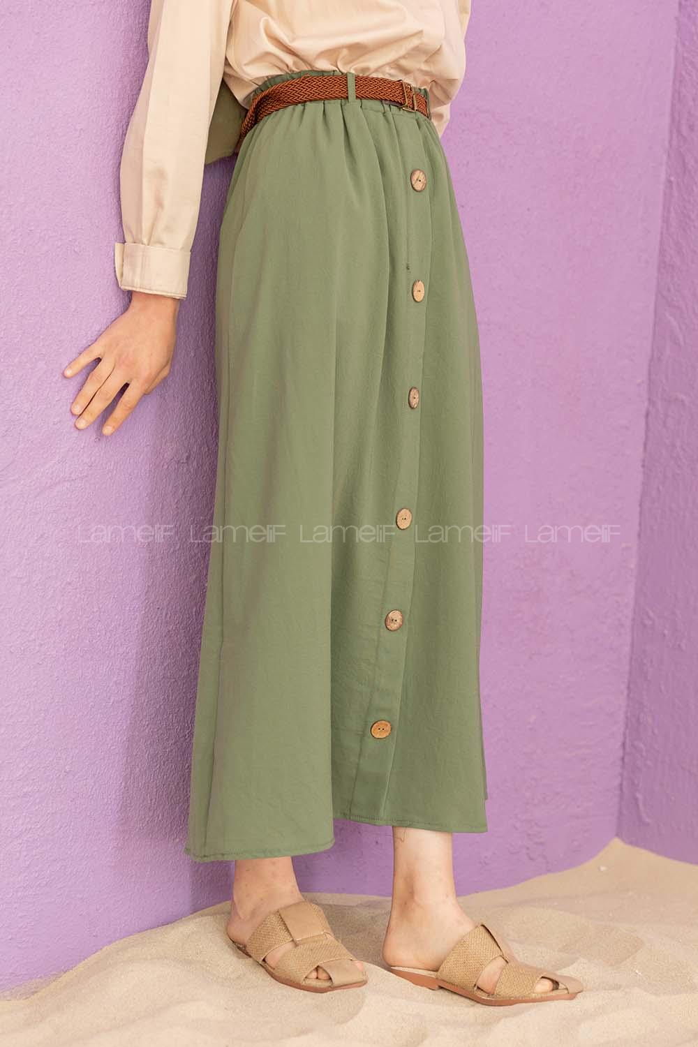 Modalamelif Hasır Kemerli Düğmeli Etek Çağla Yeşili