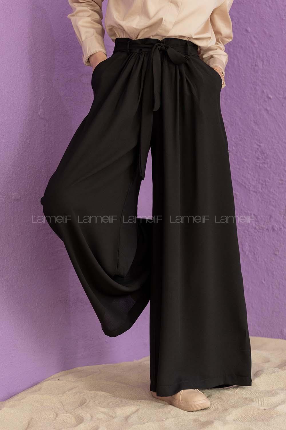 Modalamelif Kuşaklı Salaş Pantolon Siyah