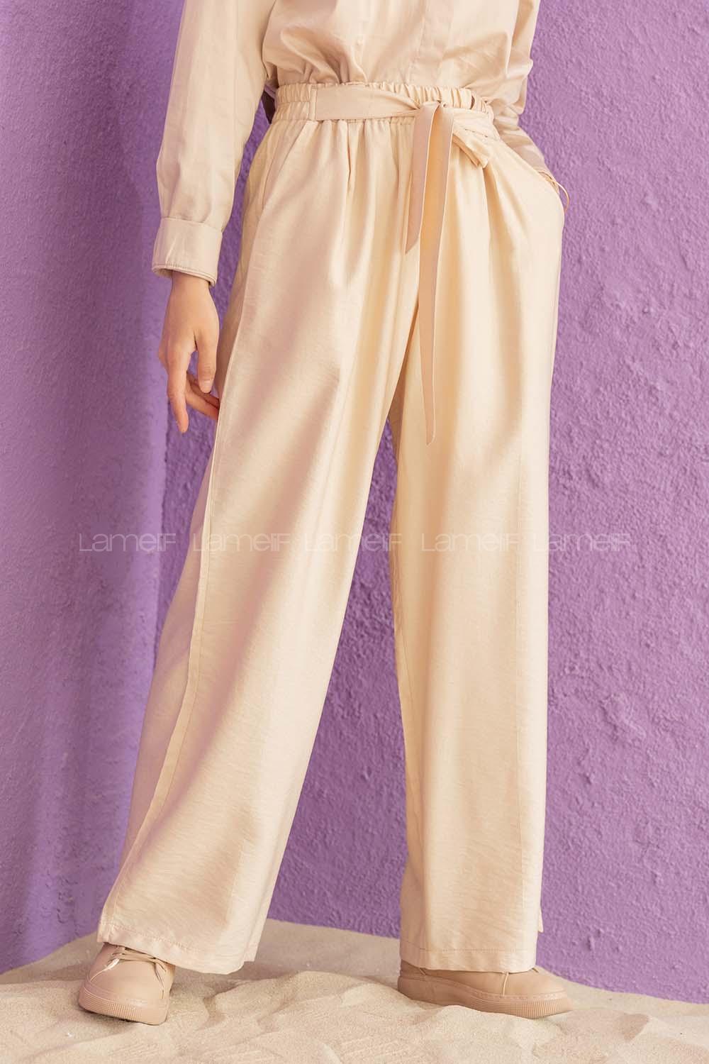 Modalamelif Önü Kuşaklı Salaş Pantolon Krem