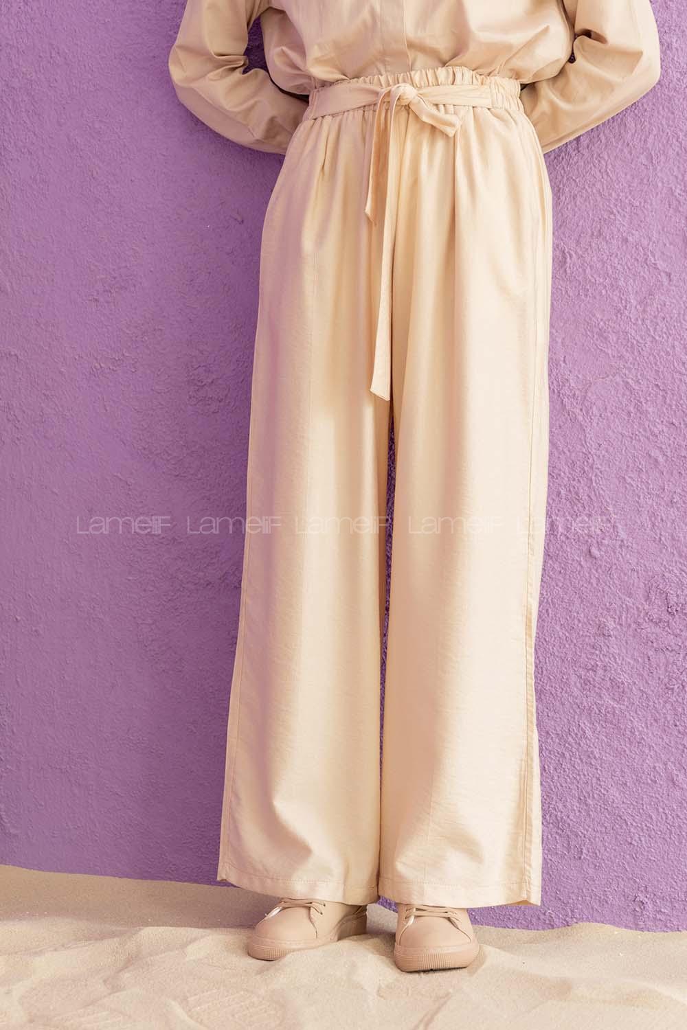 Modalamelif Önü Kuşaklı Salaş Pantolon Krem