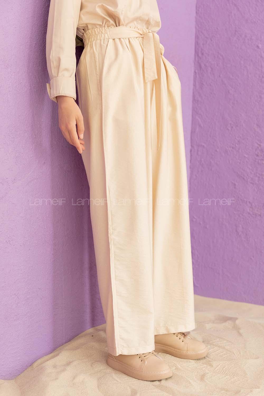 Modalamelif Önü Kuşaklı Salaş Pantolon Krem