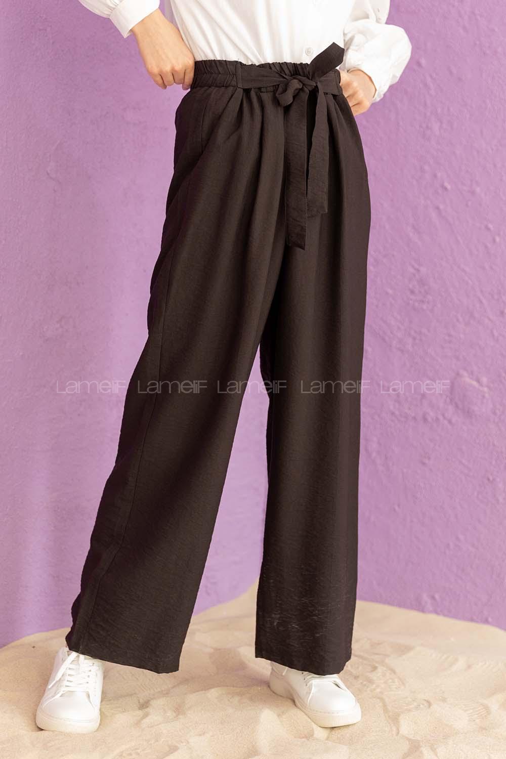 Modalamelif Önü Kuşaklı Salaş Pantolon Siyah