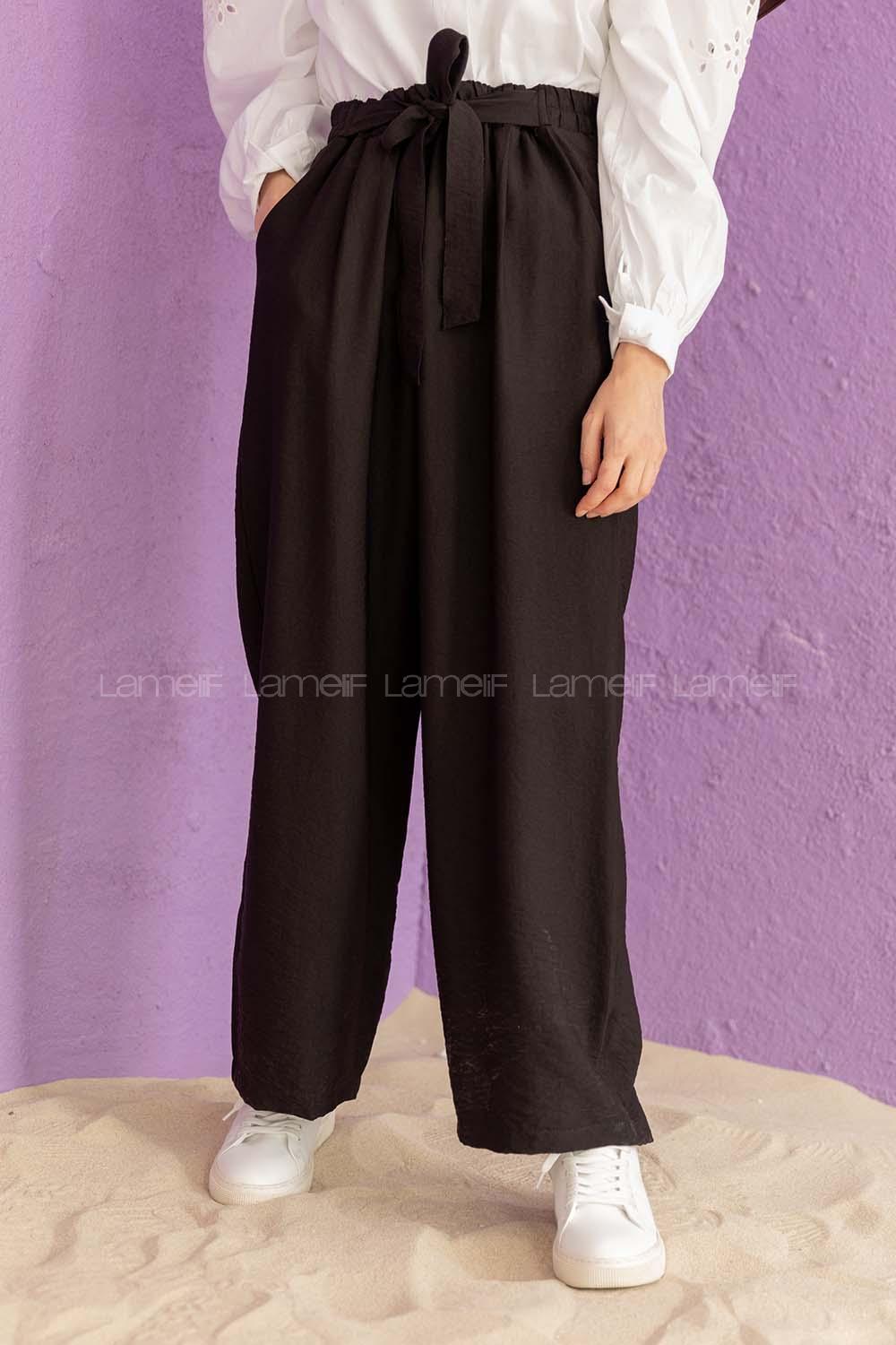 Modalamelif Önü Kuşaklı Salaş Pantolon Siyah