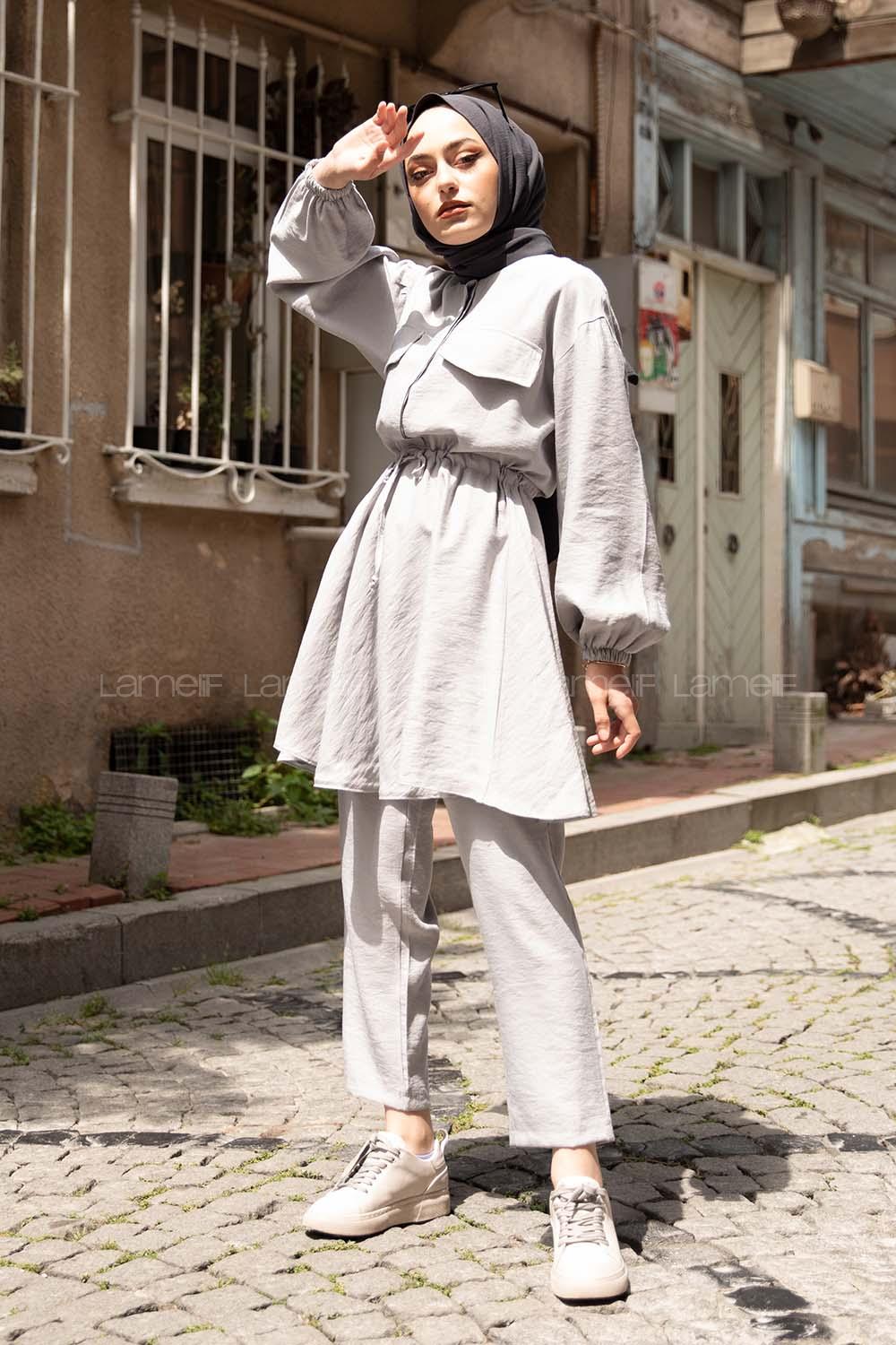 Modalamelif Bel Bağlamalı İkili Takım Gri