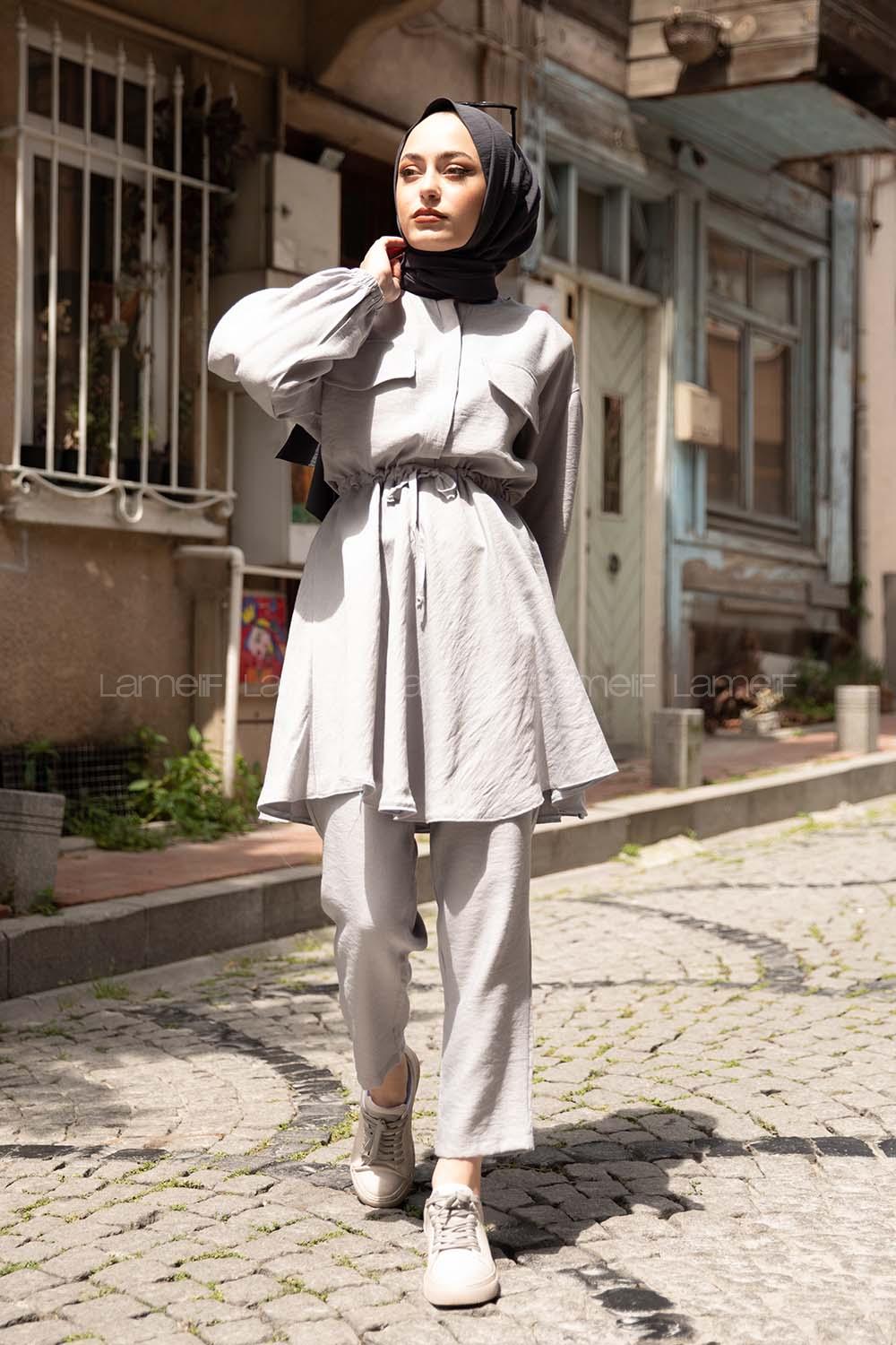 Modalamelif Bel Bağlamalı İkili Takım Gri