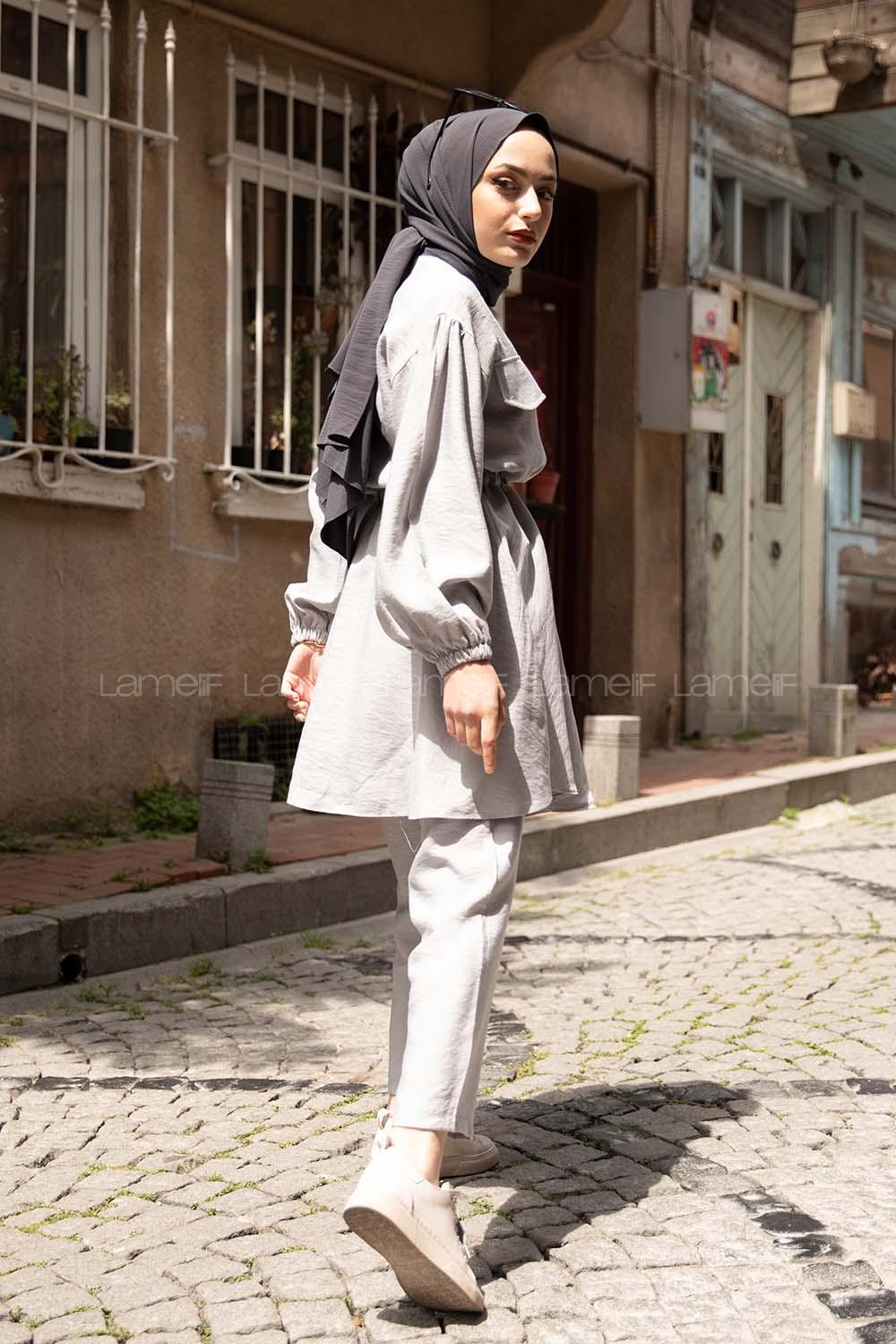 Modalamelif Bel Bağlamalı İkili Takım Gri