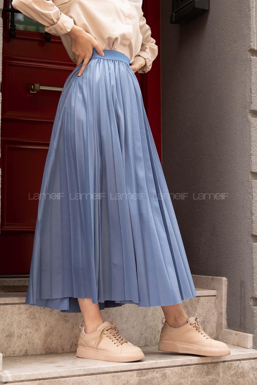 Modalamelif Deri Görünümlü Laklı Etek Mavi