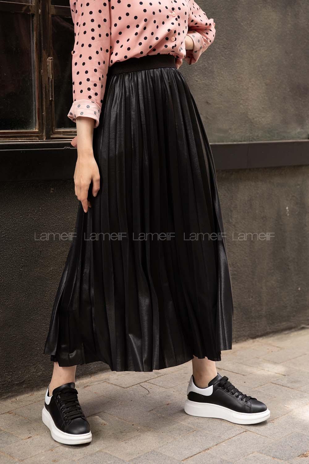 Modalamelif Deri Görünümlü Laklı Etek Siyah