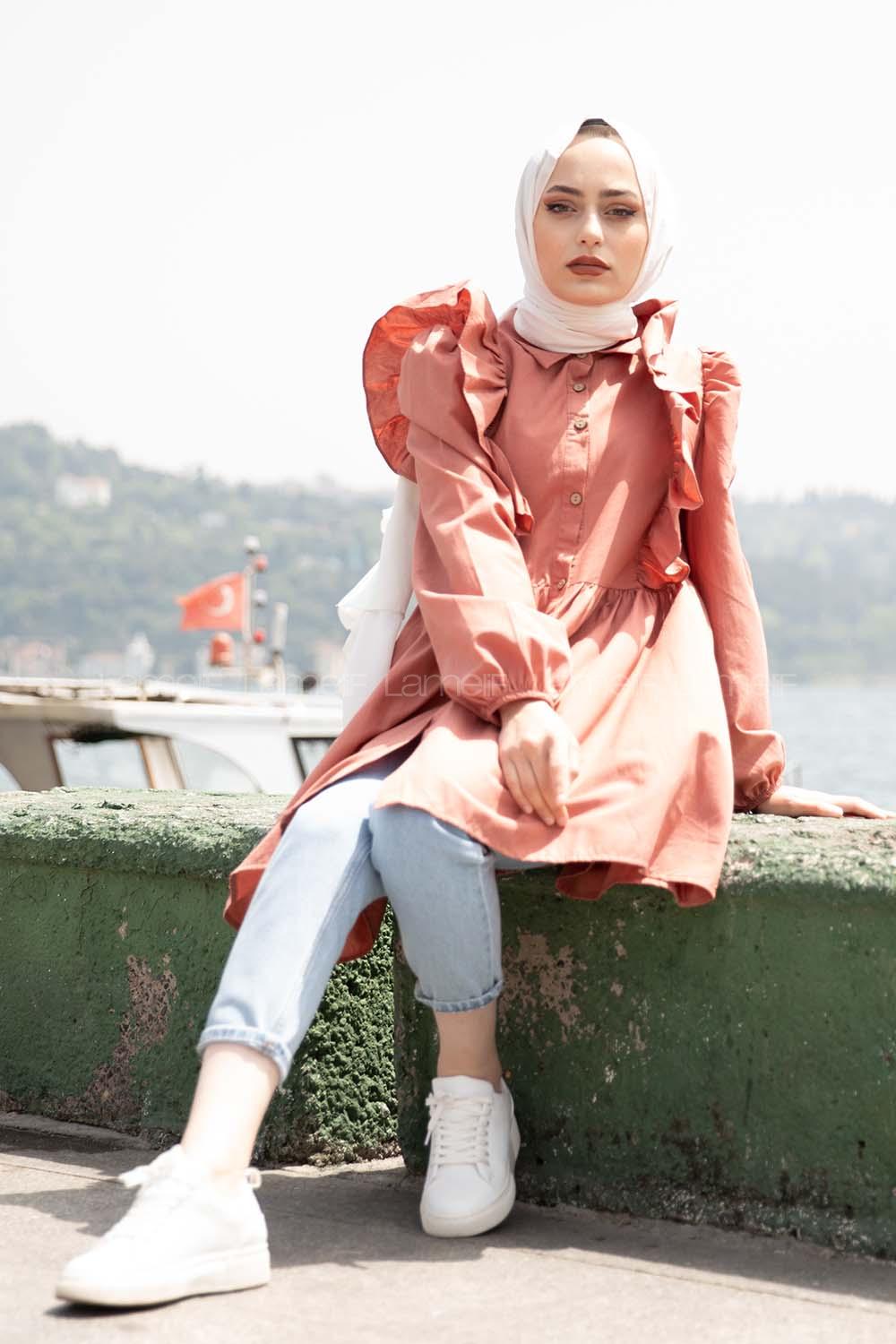 Modalamelif Gömlek Yaka Fırfırlı Tunik Gül