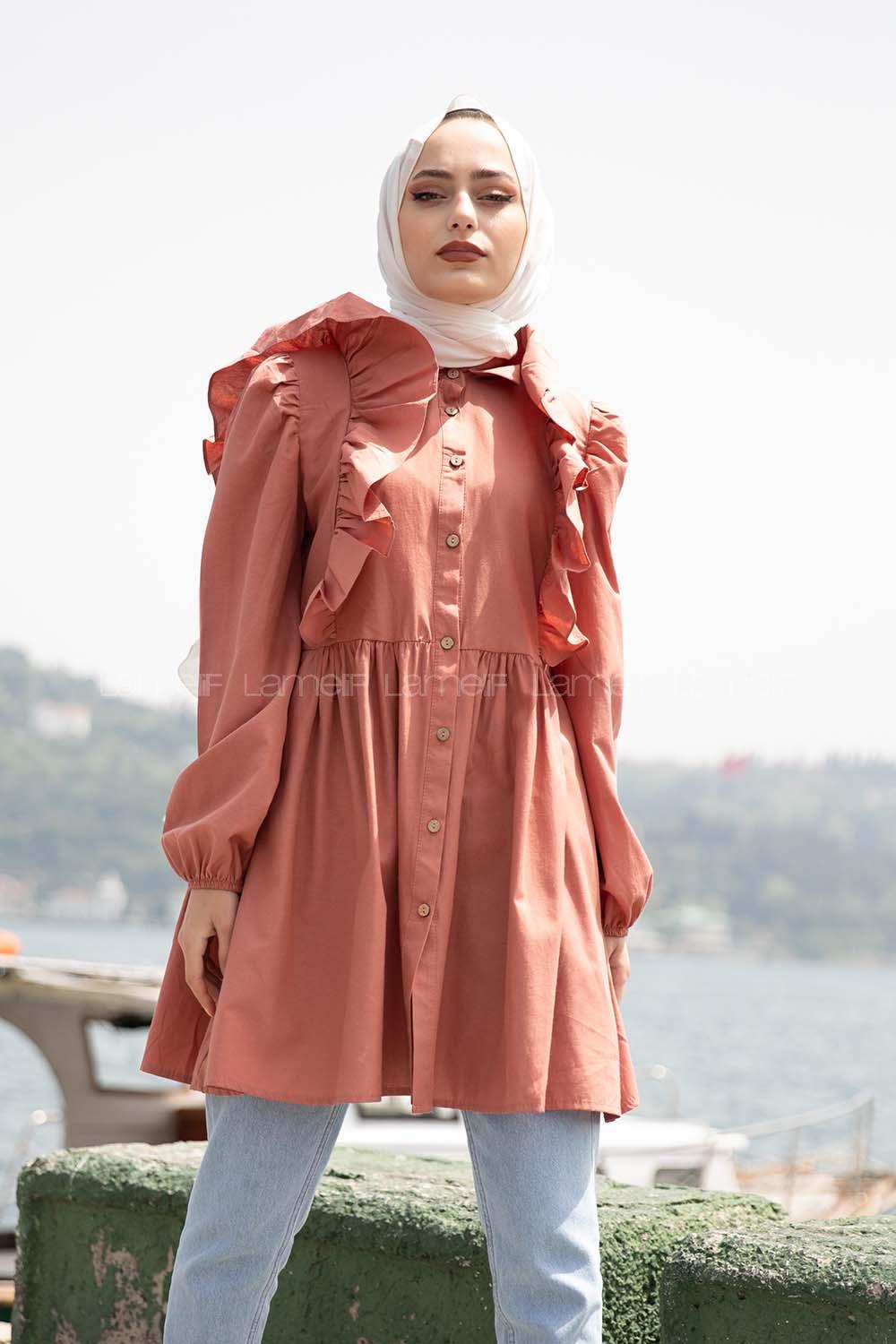 Modalamelif Gömlek Yaka Fırfırlı Tunik Gül