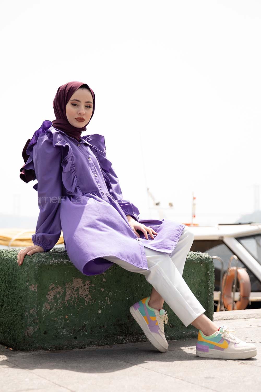 Modalamelif Gömlek Yaka Fırfırlı Tunik Mor