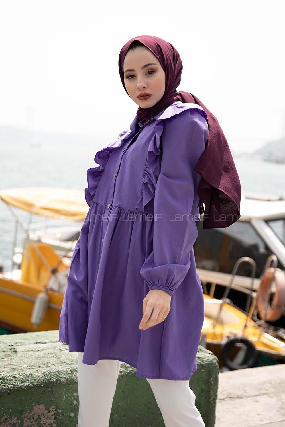 Modalamelif Gömlek Yaka Fırfırlı Tunik Mor