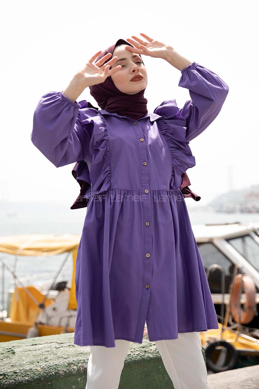 Modalamelif Gömlek Yaka Fırfırlı Tunik Mor