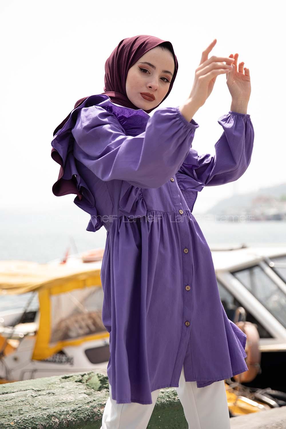 Modalamelif Gömlek Yaka Fırfırlı Tunik Mor