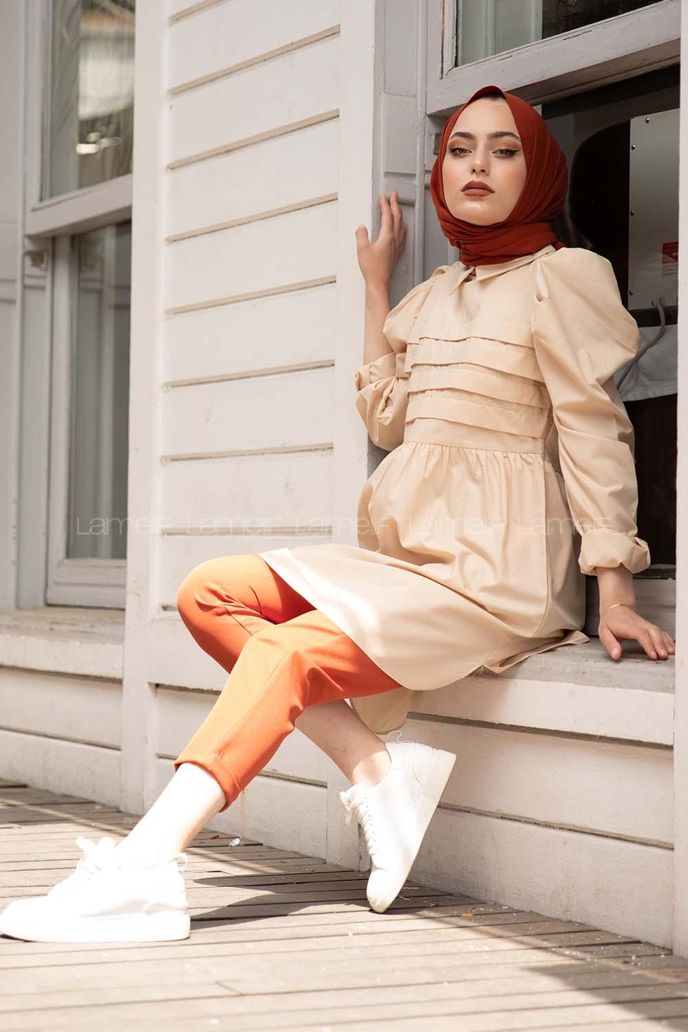 Modalamelif Gömlek Yaka Pileli Tunik Bej