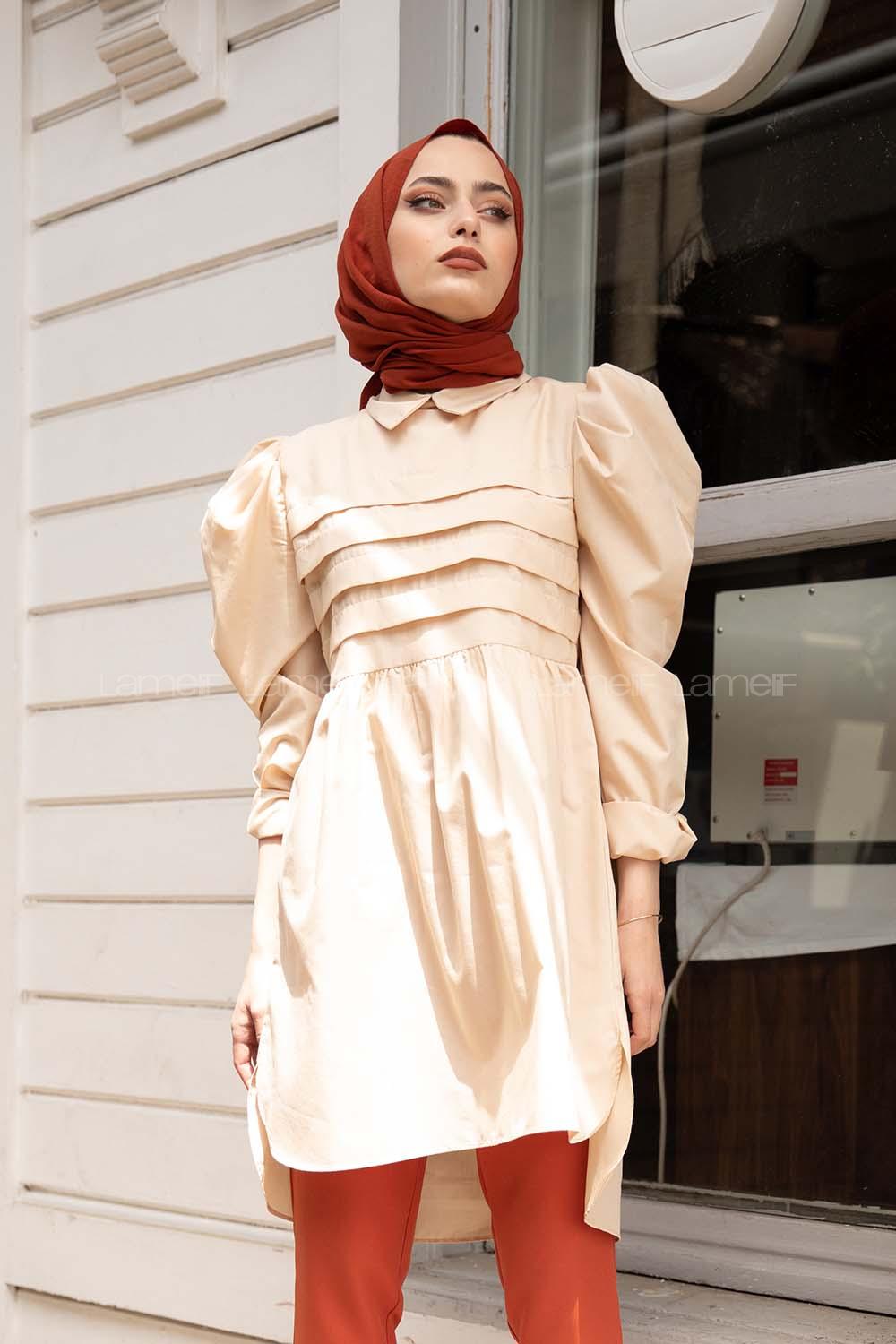 Modalamelif Gömlek Yaka Pileli Tunik Bej