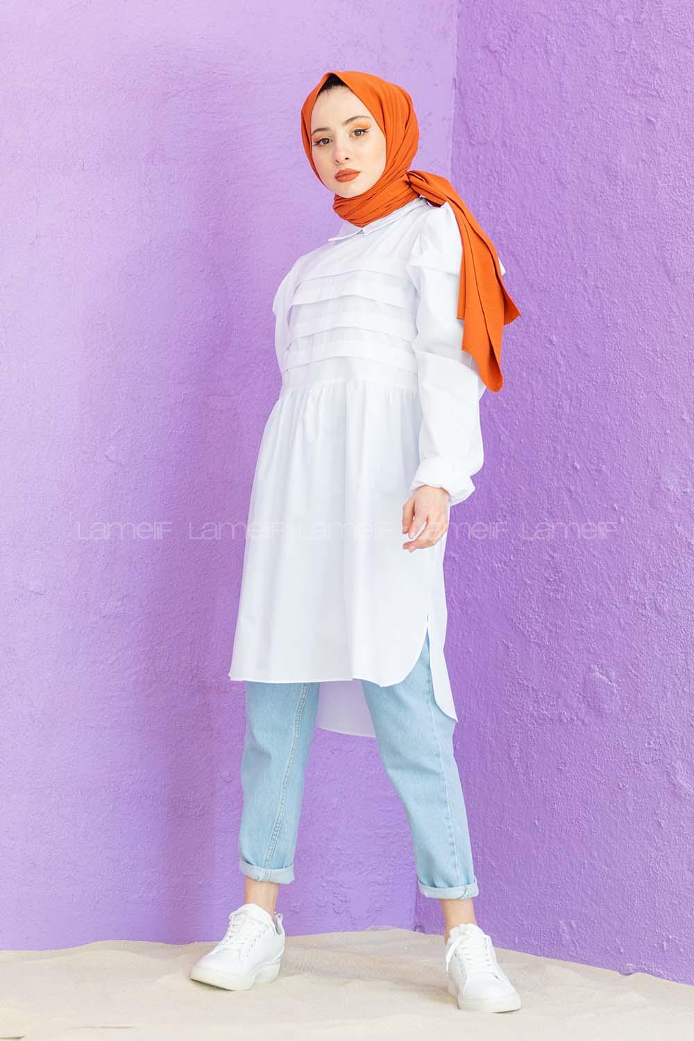 Modalamelif Gömlek Yaka Pileli Tunik Beyaz